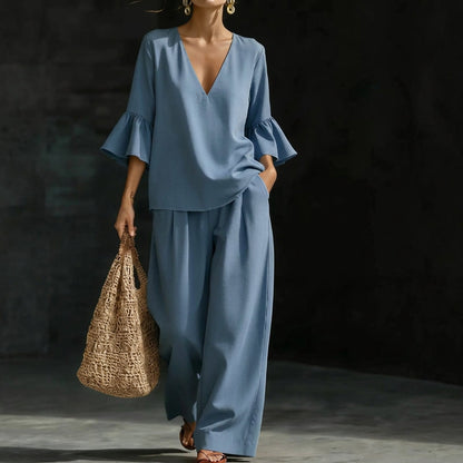 Denise – Ruffled Blouse and Wide-Leg Pants Set