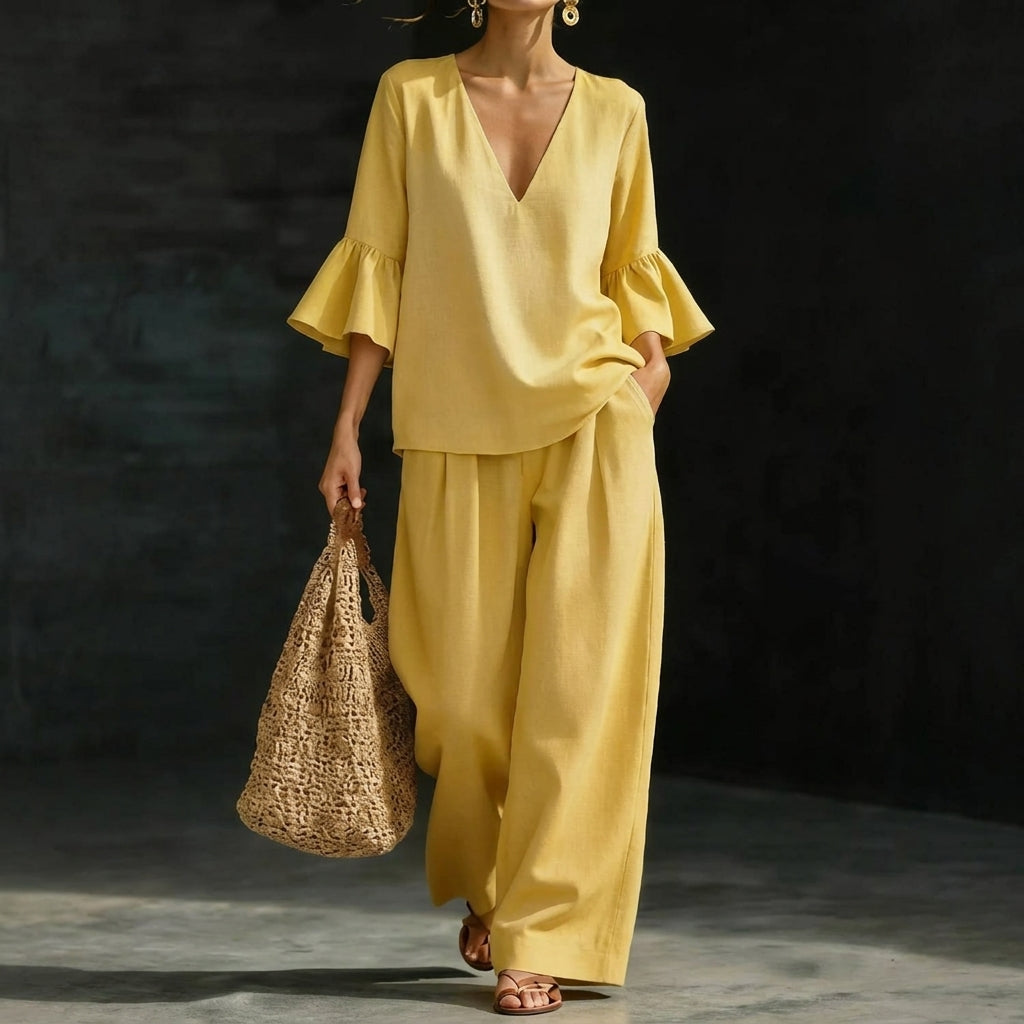 Denise – Ruffled Blouse and Wide-Leg Pants Set