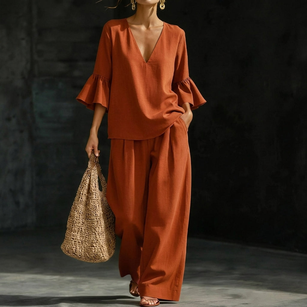 Denise – Ruffled Blouse and Wide-Leg Pants Set