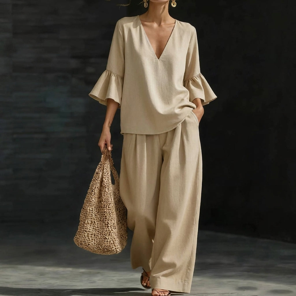 Denise – Ruffled Blouse and Wide-Leg Pants Set