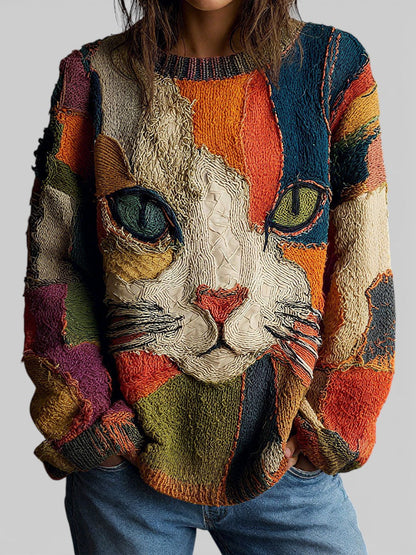 Tammy – Artistic Cat Patchwork Knit Sweater